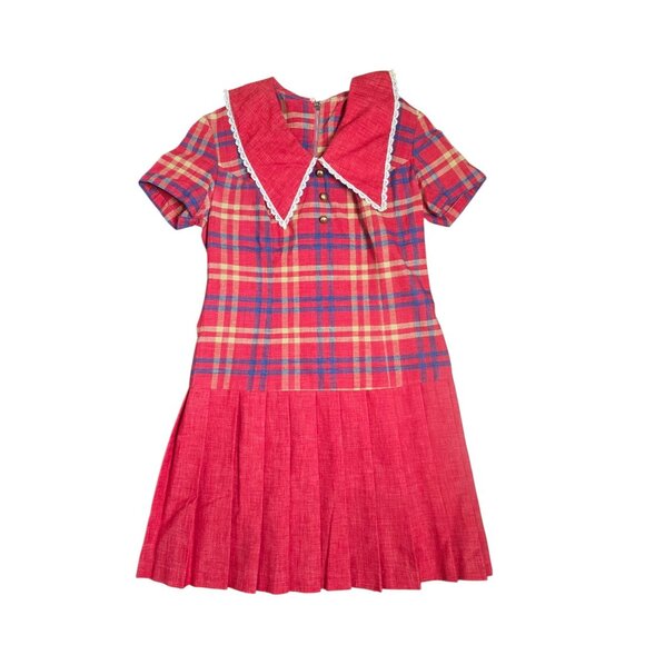 Vintage 60s 70s Red Plaid Pleated Dress Peter Pan Collar - Picture 1 of 14